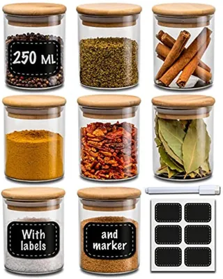 Produktbild von PromoHome® Kräutergläser Set mit 8 - 250 ml - luftdicht mit Etiketten und Stift - spülmaschinenfest - Glasgewürzgläser für Gewürze