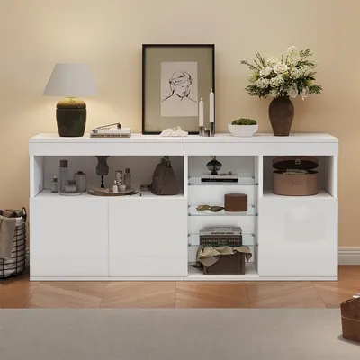 Produktbild von Sideboard mit LED und 3 Glastrennwand Aufbewahrungsschrank Wohnzimmerschrank Esszimmerschrank 155.5*35*72cm Weiß