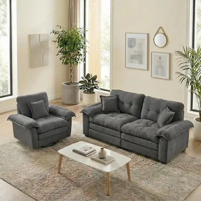 Produktbild von 2-teiliges Chenille-Sofaset Einzelsofa Loveseat zweischichtige Sitzpolsterung Dekokissen Tiefsitzsofa Grau