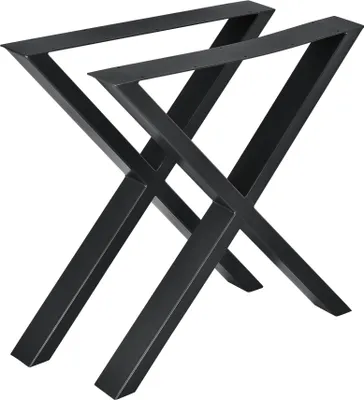 A pair of black metal table legs with an X-shaped design, presented against a white background.