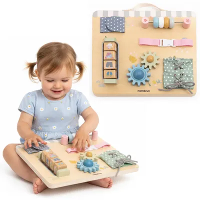 Zdjęcie produktu dla Drewniana tablica manipulacyjna Montessori dla dzieci – Rozwój Sprawności Manualnej – koła zębate, zapięcia, sznurowanie