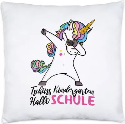 Produktbild von Tschüss Kindergarten Hallo Schule Kissen Inkl. Füllung Einschulungsgeschenk Einhorn Unicorn Fans