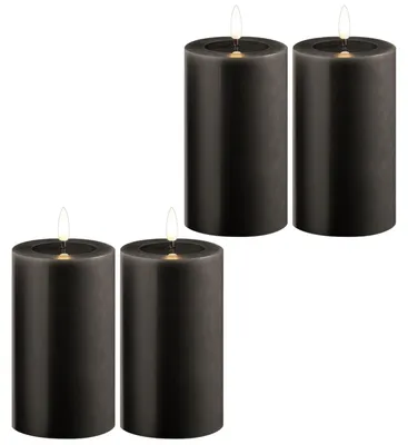 Produktbild von 4x LED Stumpenkerze mit Timer 6 Stunden grau Echtwachs LED warmweiß 7,5cm ø 12,5cm Höhe - 2 AA Batterien nötig LED Echtwachskerze mit Flackereffekt flammenlose Stumpenkerze LED Kerze