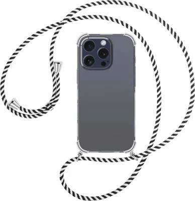 Produktbild von Handykette Backcover-Schutzhülle mit Band (Metall silberfarben) für iPhone 16 Pro - schwarz/weiß gestreift