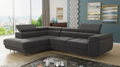 Produktbild von Ecksofa Caris mit Schlaffunktion und einstellbare Kopfstützen, Wohnlandschaft, Couchgarnitur, Bettkasten, Sofagarnitur, Couch, Sofa (Grau (Kronos 22), Ecksofa Links)