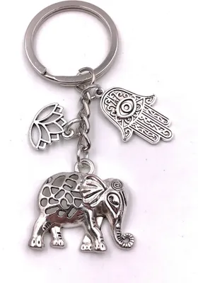 Produktbild von Onwomania Schlüsselanhänger Elefant Lotusblüte Fatimas Hand schützend silber Anhänger Keychain