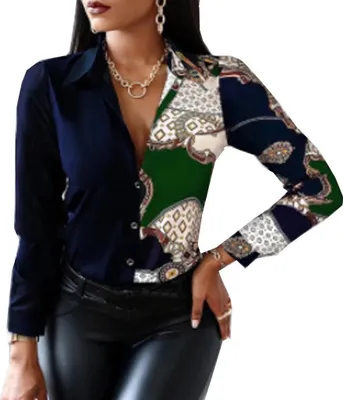 Produktbild von ASKSA Damen Bluse V-Ausschnitt Drucken Patchwork Hemd Elegant Button Tunika Langarm, Blau Grün Druck, 2XL