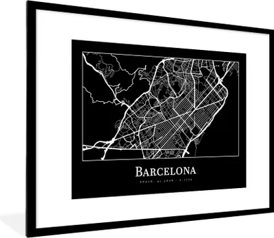 Produktbild von MuchoWow® Gerahmtes Poster Stadtplan - Barcelona - Karte 80x60 cm - Poster mit Schwarzem Bilderrahmen Wandposter Rahmen Foto Bilder - Schlafzimmer-Dekorationen - Fotoposter