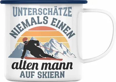 Produktbild von Trendation - Ski Fahren Emaille Tasse Geschenk Skifahrer Geschenk Emaille Tasse Lustig Männer Skifahren Witz Spruch Sprüche (Blau)