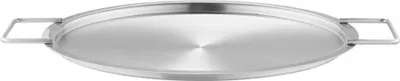 A stainless steel pan with two handles on a white background.