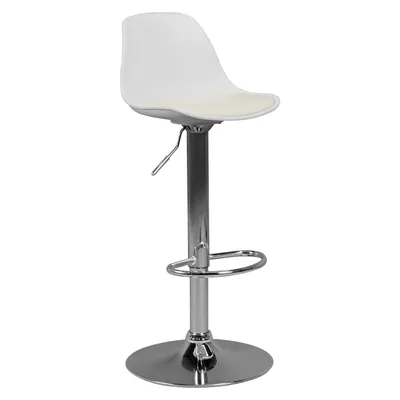 A white bar stool with a silver base and stem, shown against a white background.