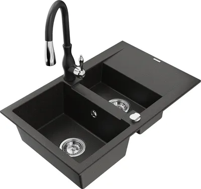 Produktbild von Mexen Gaspar 1,5-Becken-Granitspüle mit Abtropffläche und Mischbatterie Savita, Schwarz/Gold - 6507-75-672601-70