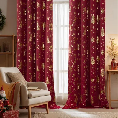 Immagine prodotto di Tende oscuranti, tenda termica, tende natalizie, colore rosso, set da 2, dimensioni 260 x 140 cm