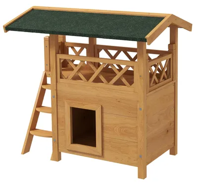 Productafbeelding van PawHut kattenhuis met bitumen dak, 2 verdiepingen, kattenhut met balkon en trap