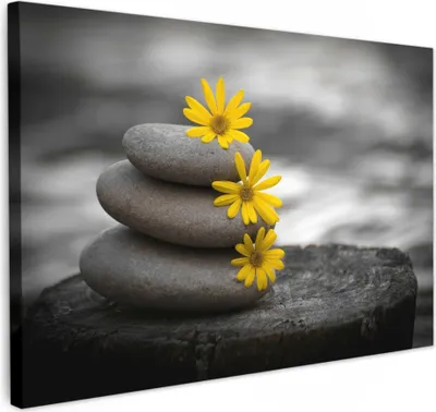 Produktbild von MuchoWow® - Leinwandbilder - Zen-Steine - Blumen - Gelb - Natur, Wandbild, Wanddeko Bilder Wohnzimmer, 60x40 cm