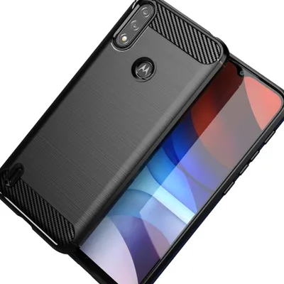 A black carbon fiber phone case is shown on a white background, with a portion of the phone screen visible.
