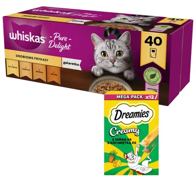 Produktbild von WHISKAS Katzenfutter mit Geflügelgeschmack, 40 x 85 g + Dreamies Creamy, 12 x 10 g cremige Katzenleckerlis mit Käse und Katzenminze