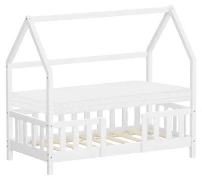 Obrázek produktu pro Dětská postel ML-Design 70 x 140 cm s matrací, ochrannou stříškou proti vypadnutí a roštem, bílá, Montessori postel na podlaze z borového dřeva, postel ve tvaru domečku pro holčičky a kluky