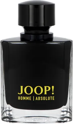 A black perfume bottle with yellow text on a white background.