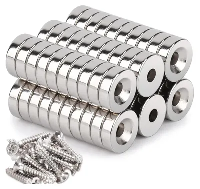 Produktbild von 60 Stück extra starke Neodym-Magnete 10 x 3 mm mit Lochschrauben - 3 mm runder Magnet für Magnettafel und Pinnwand in der Küche - Set für Küchenschrank