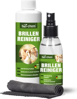 Produktbild von bio-chem Brillenreiniger-Spray mit Anti-Beschlag Funktion Antistatik-Spray Reinigungs-Set 100 ml Sprayflasche + 250 ml Nachfüllflasche (350 ml) + hochwertiges Mikrofasertuch/Brillenputztuch microfaser
