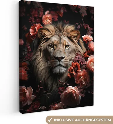 Zdjęcie produktu dla MuchoWow® - Obraz na płótnie - Lew - Zwierzę - Natura - Botaniczny - Kwiaty - Różowy, fototapeta, dekoracja ścienna obrazy salon, 90x120cm