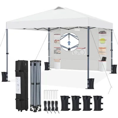 A white pop-up canopy tent and its accessories are displayed against a white background.
