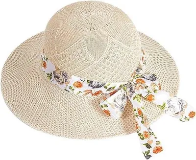 Imagen del producto de Sombrero de sol elegante para mujer, plegable, de paja. Sombrero de verano elegante con lazo. Sombrero de playa con protección UV y ala ancha, ideal para viajes y actividades al aire libre