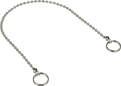 A silver ball chain with two keyrings attached to each end, lying on a white background.