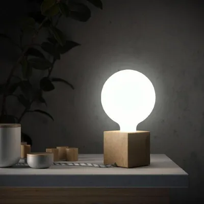 Image de Posaluce Cubetto, lampe de table en bois naturel avec câble textile, interrupteur et fiche à 2 pôles