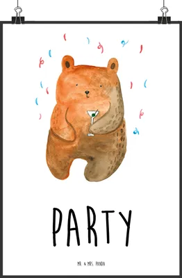 Produktbild von Mr. & Mrs. Panda Bild Bär Party DIN A3 - Weiß - Geschenk, Geburtstag, Teddy, wanddeko, drucke, Wandbild, typografie poster, Lustig, Geburtstagsgeschenk, Plakat