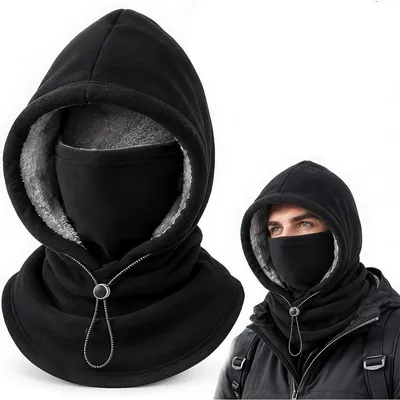 Produktbild von 3-in-1 Sturmhaube Fleece Schwarz, Winter Gesichtsschutz mit Kapuze und Halswärmer, verstellbarer Kordelzug für Ski, Radfahren und Outdoor