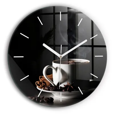 Obrázok produktu pre Wallfluent Hodiny - Okrúhle Sklenené Nástenné Hodiny - Tichý Quartz Strojček - Dekorácia Na Stenu V Spálni - Biele Hodinové Ručičky - 60cm - šálka kávy
