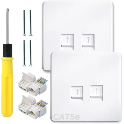 Productafbeelding van RJ45-dubbele netwerkconnector - CAT5 Ethernet wandcontactdoos met gereedschapsvrije aansluitmodule - aansluitplaat met 2 aansluitingen