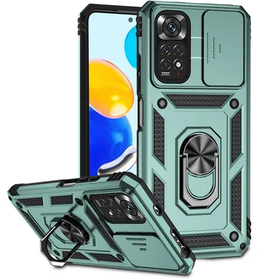 Immagine prodotto di Custodia per Xiaomi Redmi Note 11 / Note 11S a doppio strato con copertura scorrevole della fotocamera e supporto ad anello verde