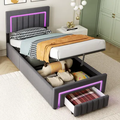 Produktbild von okwish Polsterbett 90×190 mit LED Beleuchtung und Bettkasten, Einzelbett mit Schubladen und Rollen, Jugendbett in Grau, ohne Matratze