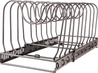 Image de Support de poêle Étagère à casseroles extensible Étagère à poêles avec 10 séparateurs réglables pour ustensiles de cuisine Poêles et couvercles