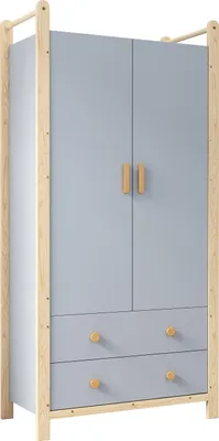 Produktbild von Merax Kinder-Kleiderschrank mit 2 Türen, 2 Schubladen, Kleiderstange, Stauraum für Kinderzimmer, Landhausstil Kleiderschrank, 90×45×180cm, Natur/Blau