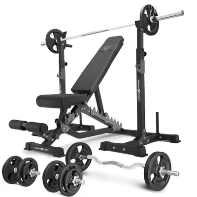 Image de Marbo Sport - Ensemble MS34_2.0_83KG | Banc double face + support d'haltères (2 pièces) avec sécurité + ensemble de barres et de disques d'haltères 83 kg