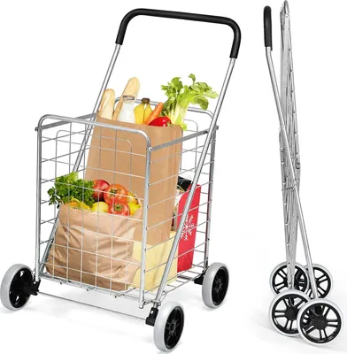 A shopping trolley filled with groceries and a folded shopping trolley next to it, both on a white background.