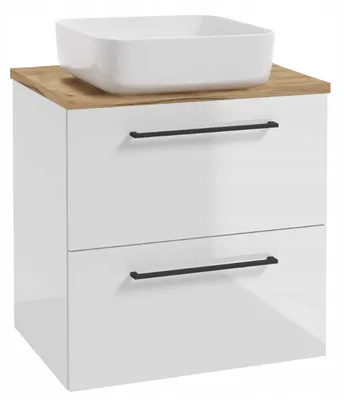 Zdjęcie produktu dla Szafka Łazienkowa Biała Połysk 60 z Blatem Dąb Złoty i Umywalką Nablatową 41x41 cm