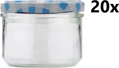 Obrázek produktu pro Zavařovací sklenice 262 ml VERRINE STURZ / ROVNÁ čirá 20 ks VČETNĚ KÁRO SVĚTLE MODRÝCH VÍČEK, Počet kusů v balení: 20