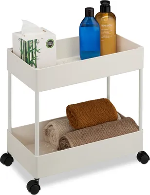 Zdjęcie produktu dla Mobilna półka łazienkowa na kółkach Relaxday - Kompaktowy i stylowy organizer z dwiema półkami w białym kolorze, idealny do maksymalnego wykorzystania przestrzeni!
