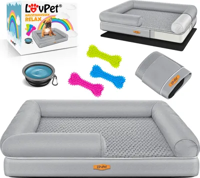 Produktbild von LovPet® Orthopädisches Hundebett Hundekissen Hundekorb Relax, Inkl. Napf + 3X Kauknochen, Hundesofa für Kleine, Mittelgroße & Große Hunde, Bezug abnehmbar und waschbar