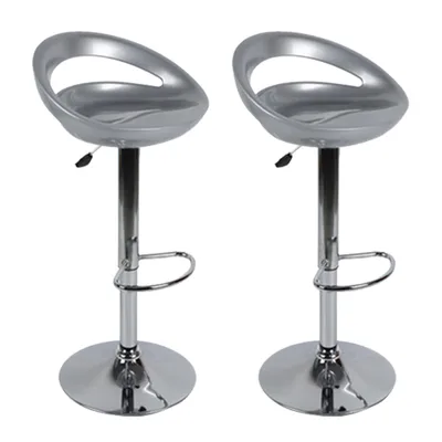 Two silver bar stools are shown against a white background.