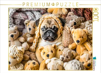 Produktbild von CALVENDO Puzzle Mops im Kuscheltierparadies | 1000 Teile Lege-Größe 64x48cm Foto-Puzzle für glückliche Stunden
