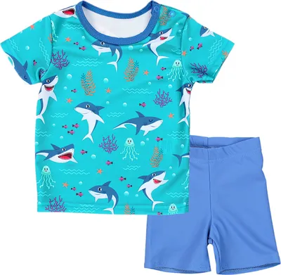 Produktbild von Aquarti Baby Jungen Bade-Set Zweiteiliger Kinder Badeanzug T-Shirt Badehose UV-Schutz, Farbe: Haie im Meer Dunkeltürkis / Jeans Blau, Größe: 80