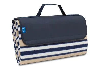 Produktbild von BRUBAKER Picknick Decke Fleece mit wasserfester PEVA Unterseite 150 x 135 cm - Blau Beige Streifen