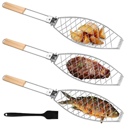 Produktbild von 3 x Fisch-Grillhalter mit Holzgriff - 63 x 12 cm für Grill