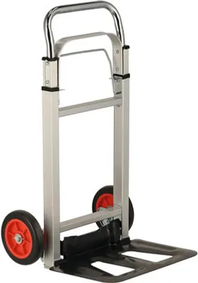 A silver and black foldable hand truck with red wheels, shown against a white background.